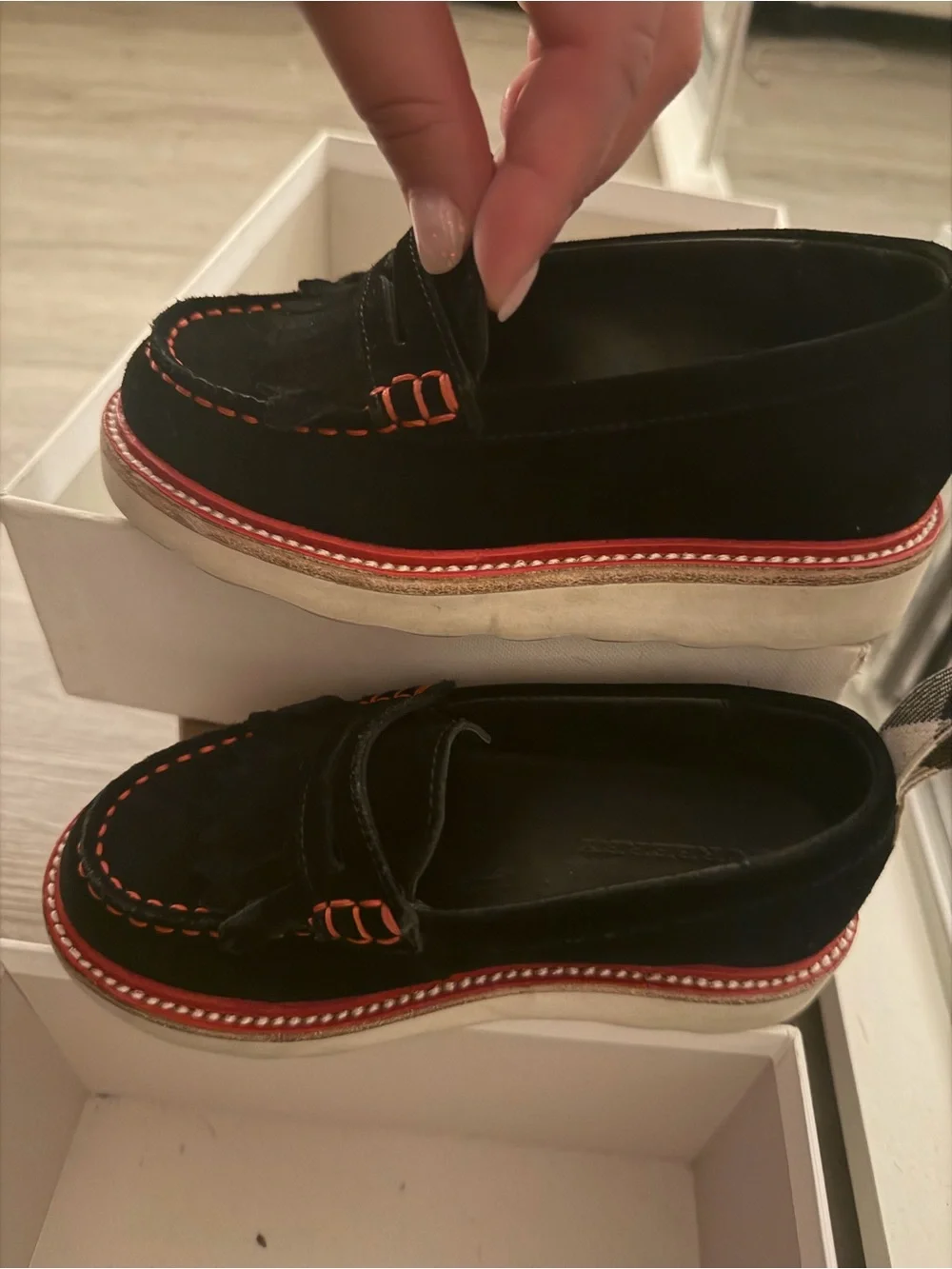 Burberry Kids Black Suede Moccasins with Red Trim